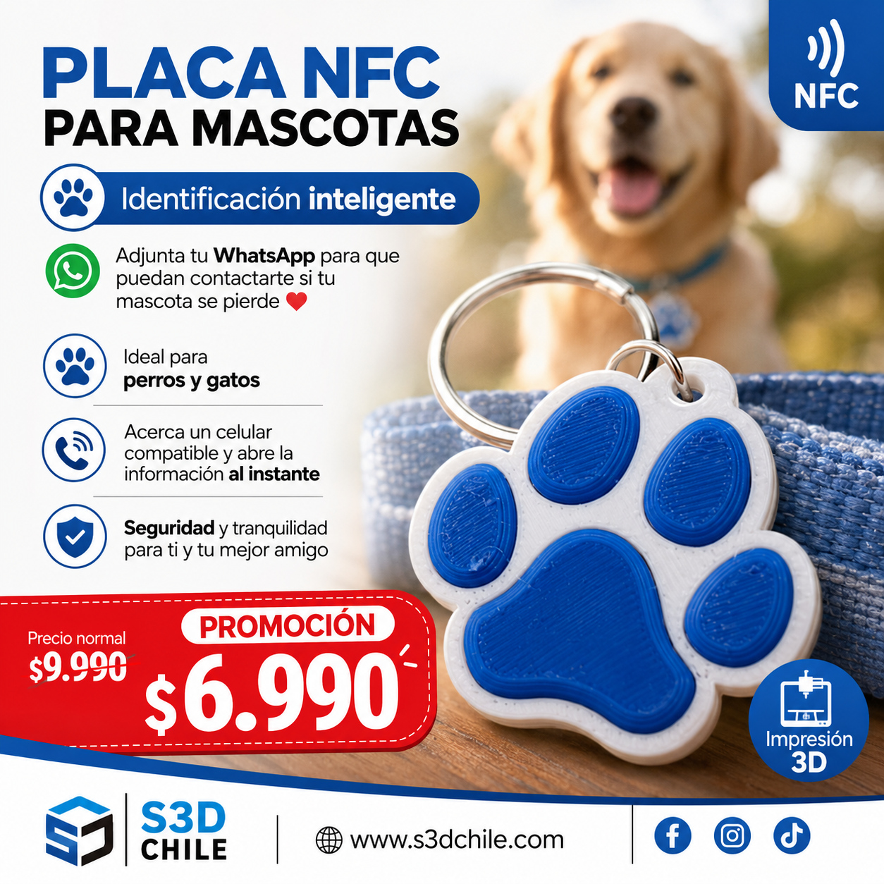 Placa de Identificación NFC para Mascotas colores azul, rosa, naranjo, rojo