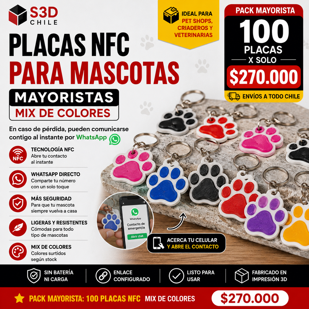 Pack Mayorista: 100 Placas NFC para Mascotas – Mix de Colores