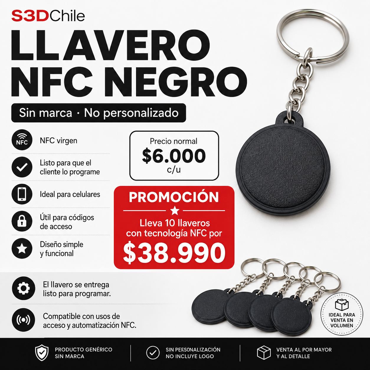 Pack 10 llaveros NFC Negro Genérico multiuso