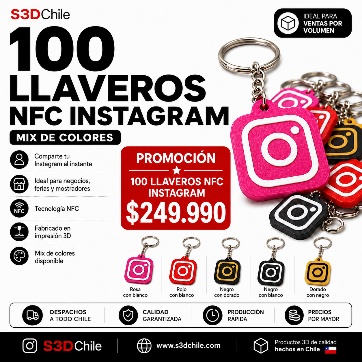 Pack Mayorista: 100 Llaveros NFC Instagram – Mix de Colores