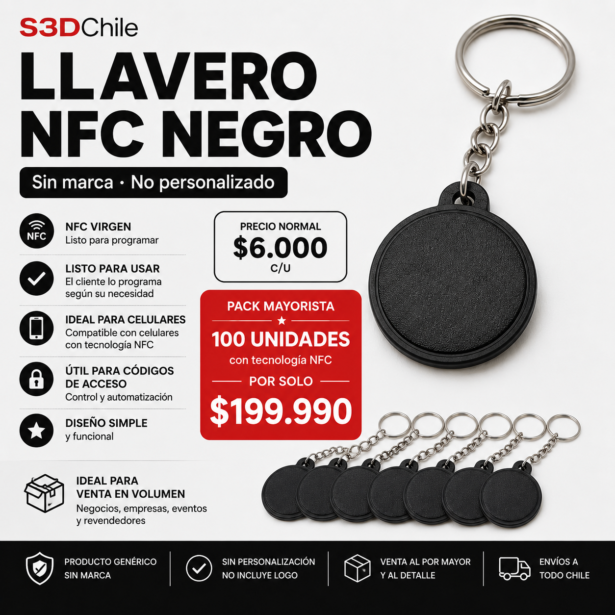Pack Mayorista 100 Llaveros NFC Negros – Sin Logo