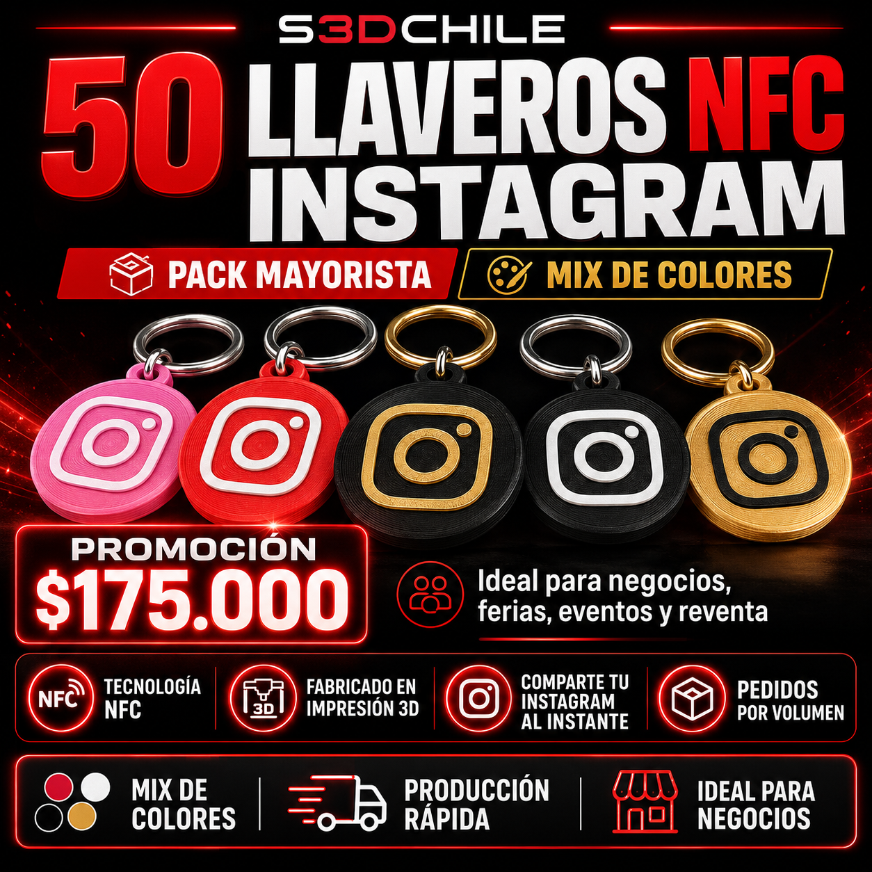 Pack Mayorista: 50 Llaveros NFC Instagram – Mix de Colores