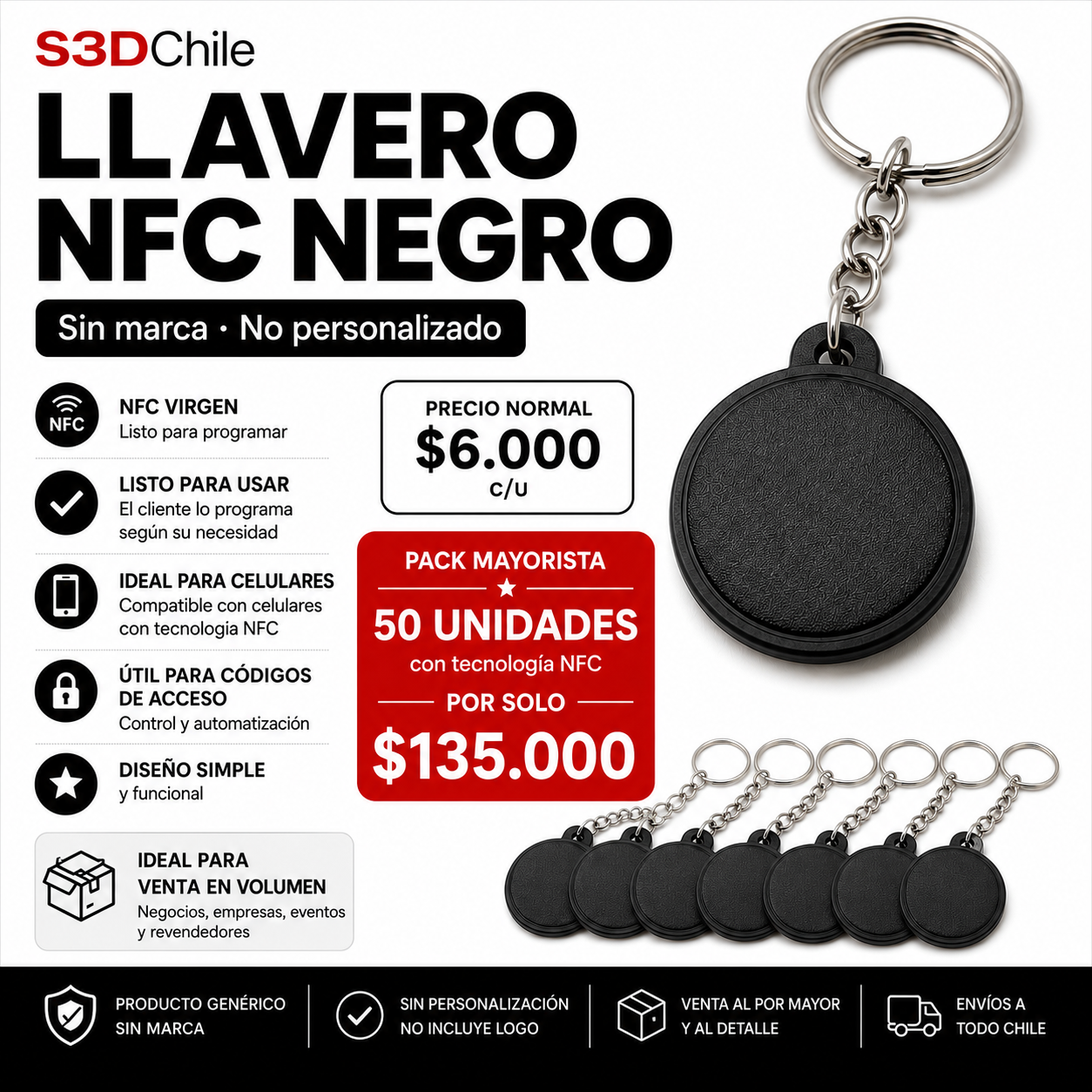 Pack Mayorista de 50 Llaveros NFC Negros — Sin Logo