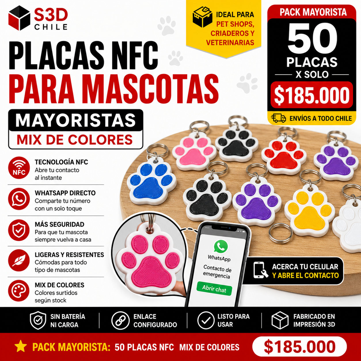 Pack Mayorista: 50 Placas NFC para Mascotas – Mix de Colores