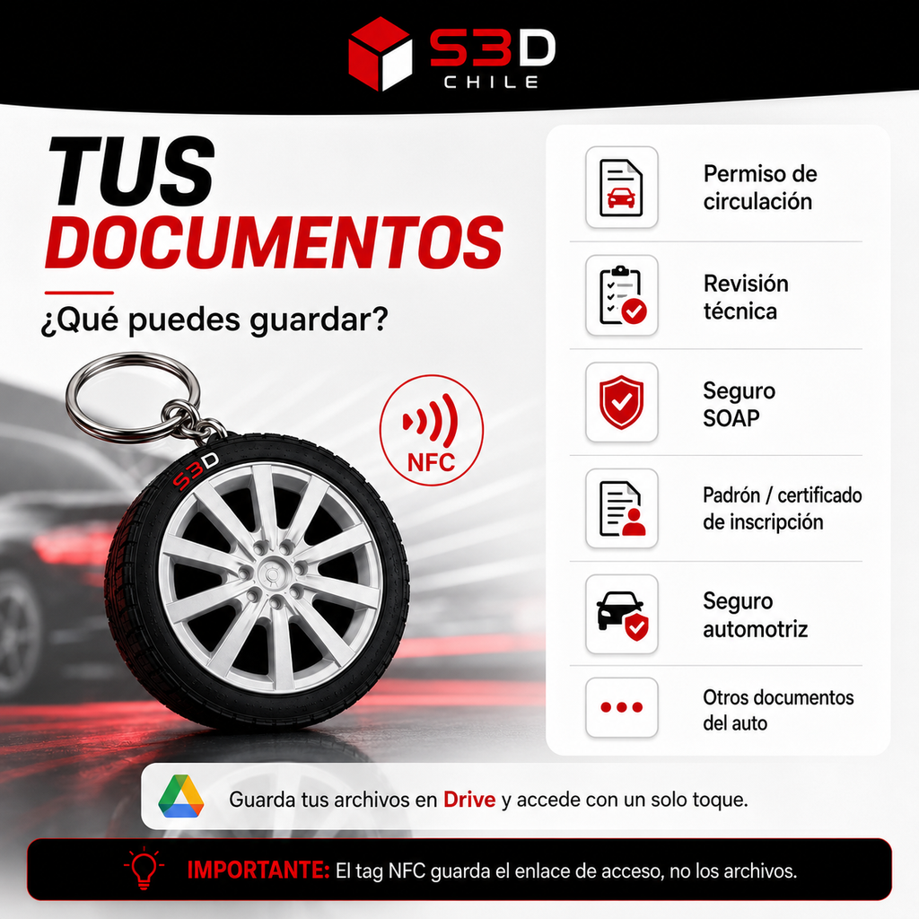 Promocion llavero NFC Rueda para Documentos del Vehículo | S3DChile