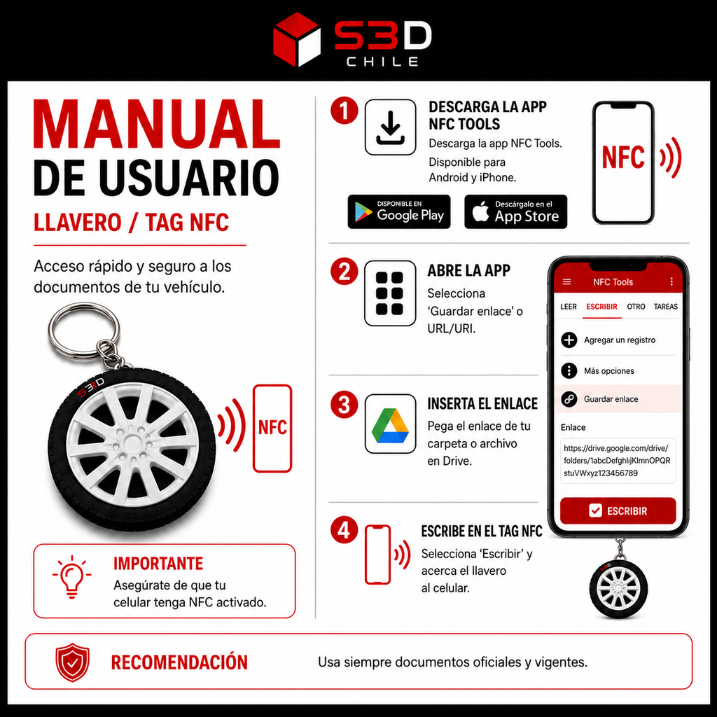 Promocion llavero NFC Rueda para Documentos del Vehículo | S3DChile