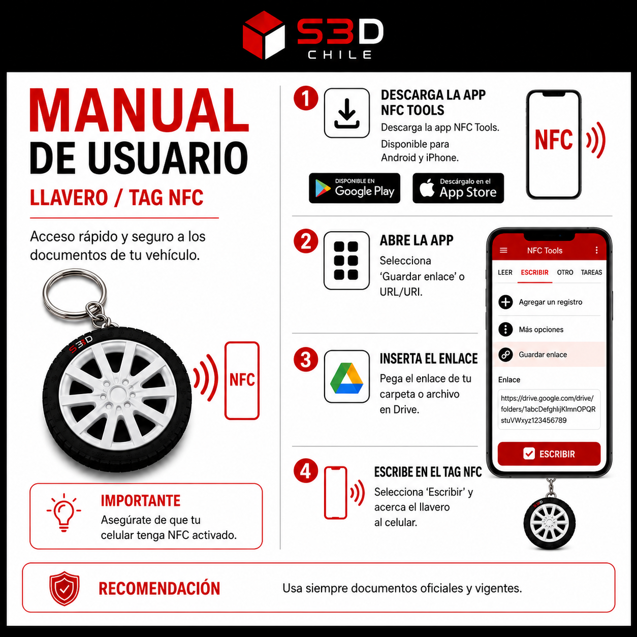 Llavero NFC Rueda para Documentos del Vehículo | S3DChile
