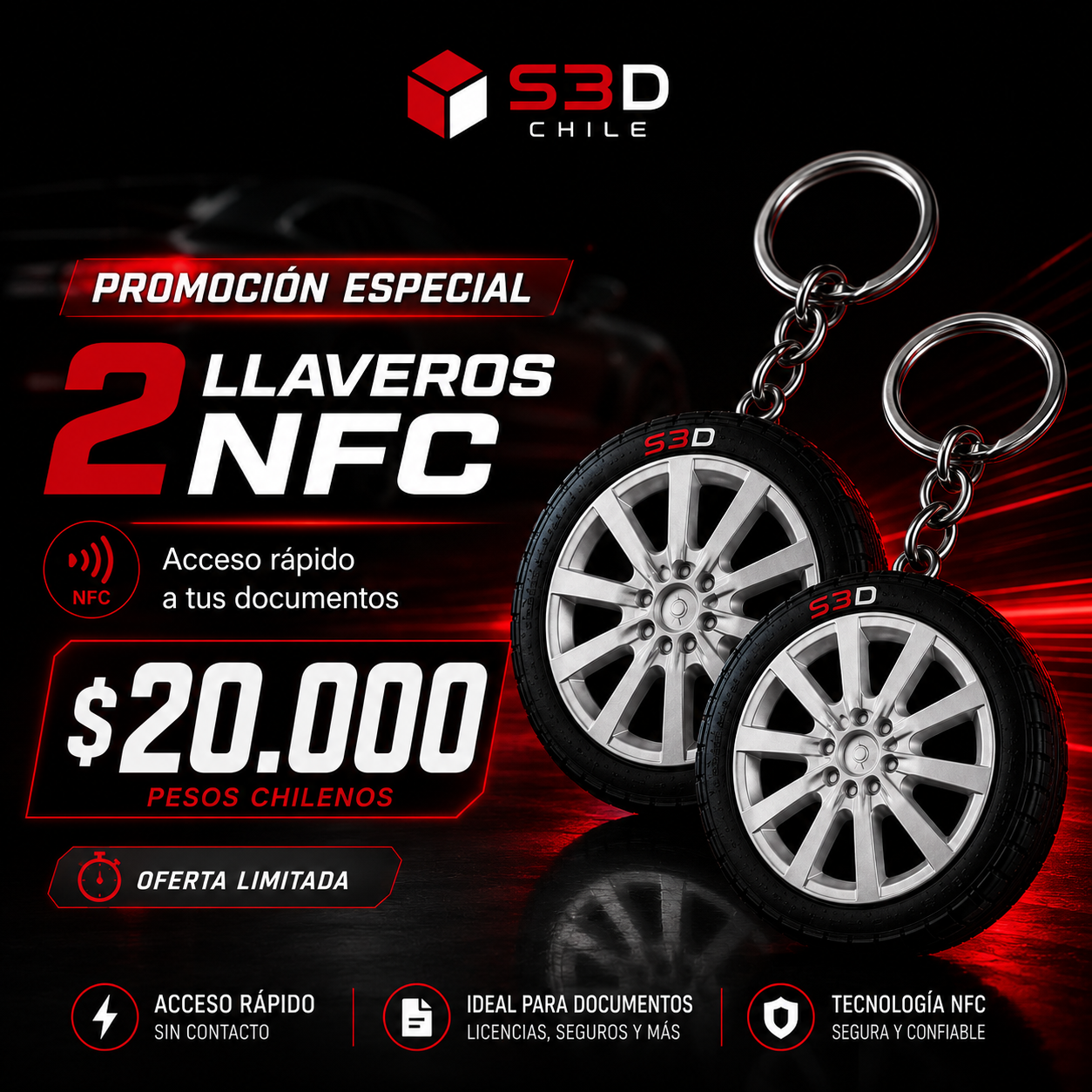Promocion llavero NFC Rueda para Documentos del Vehículo | S3DChile